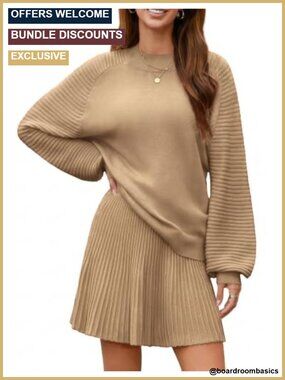 Ribbed Knit Mock Neck Sweater and Pleated Mini Skirt Set